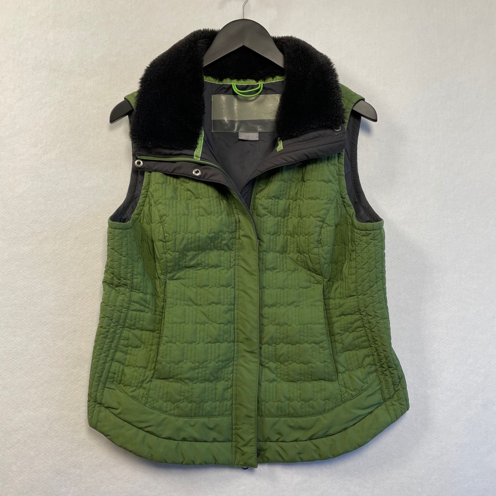 Nike Womens Quilted Puffer‎ Vest Olive Green Faux Fur Trim Collar Size L Large